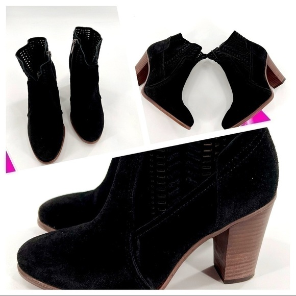 Vince Camuto  Women's Perforated Suede Block Heel Bootie Black Size 6.5 - Picture 1 of 14